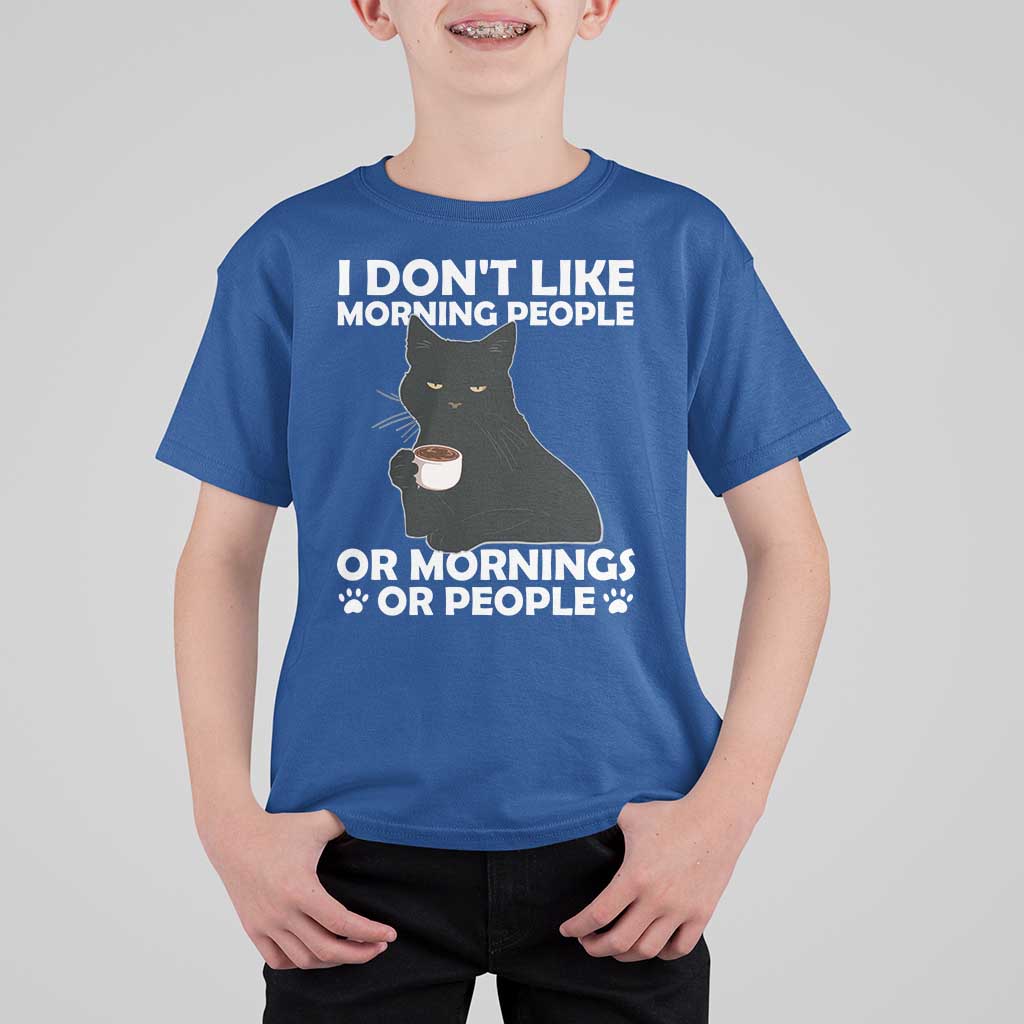 Sarcastic Cat T Shirt For Kid I Don't Like Morning People Mean Face With Coffee Cup - Wonder Print Shop