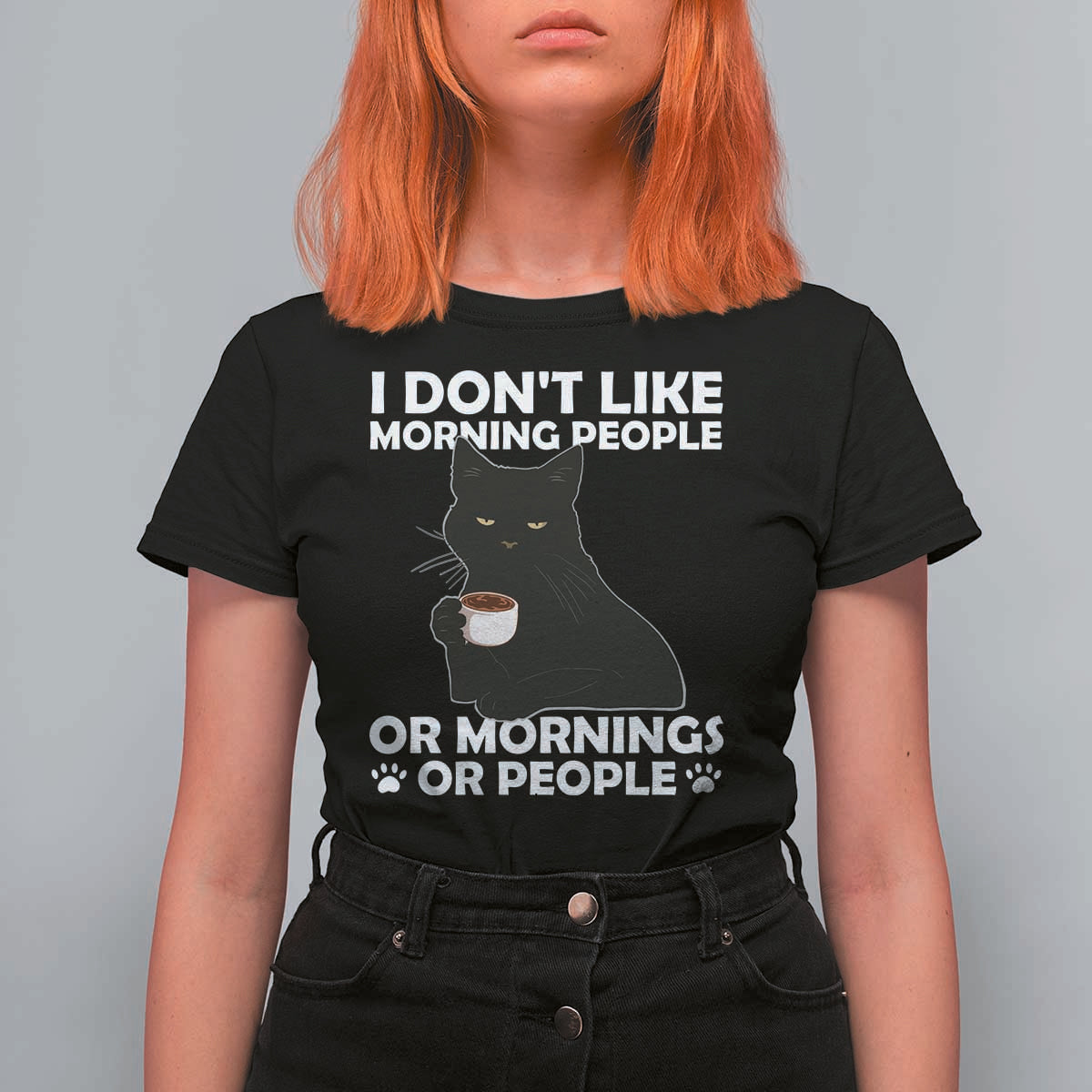 Sarcastic Cat T Shirt For Women I Don't Like Morning People Mean Face With Coffee Cup - Wonder Print Shop