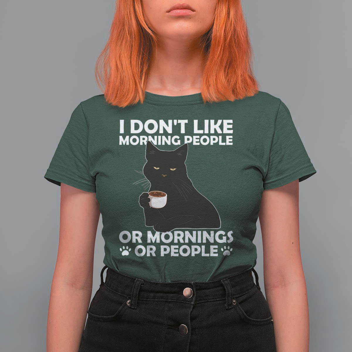 Sarcastic Cat T Shirt For Women I Don't Like Morning People Mean Face With Coffee Cup - Wonder Print Shop