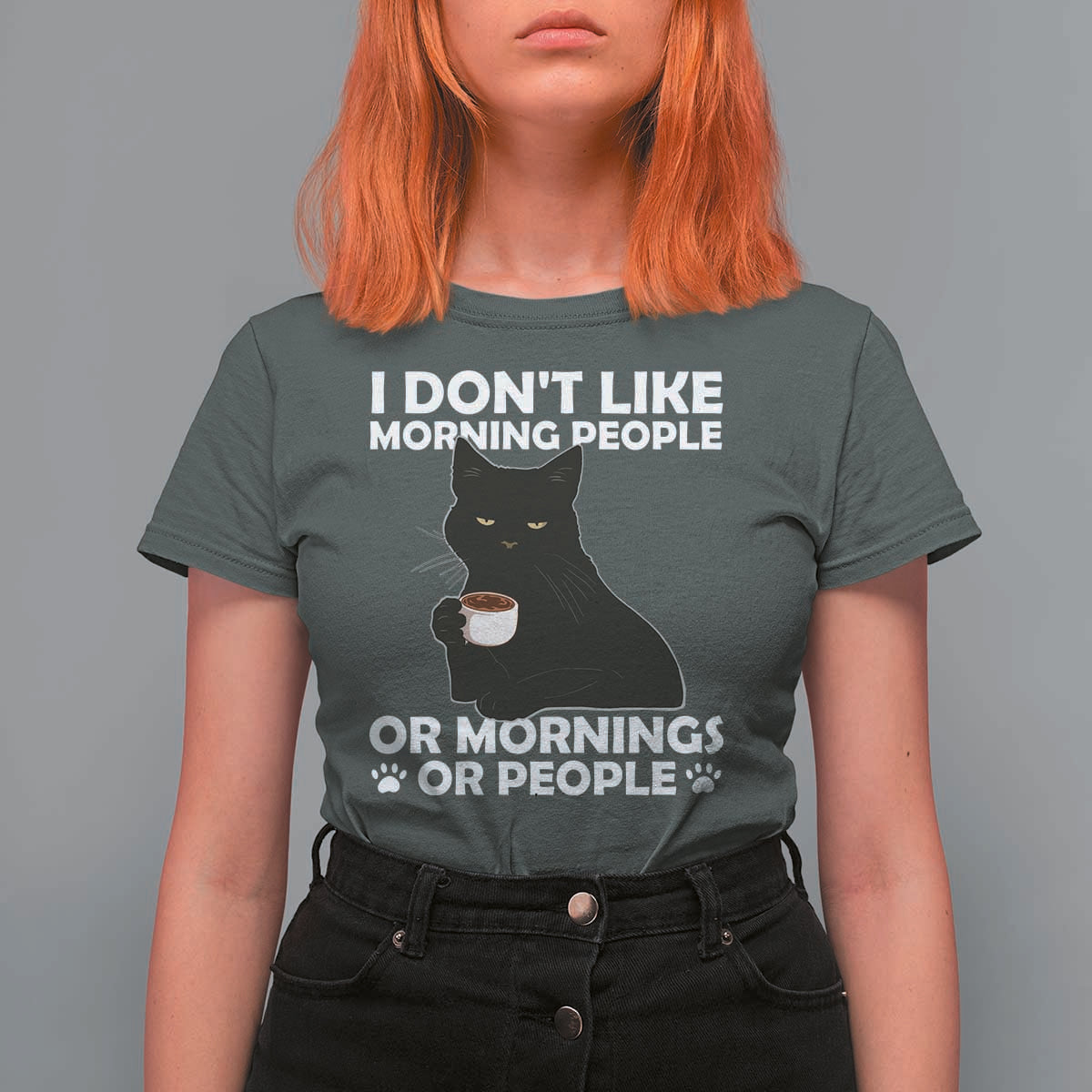 Sarcastic Cat T Shirt For Women I Don't Like Morning People Mean Face With Coffee Cup - Wonder Print Shop