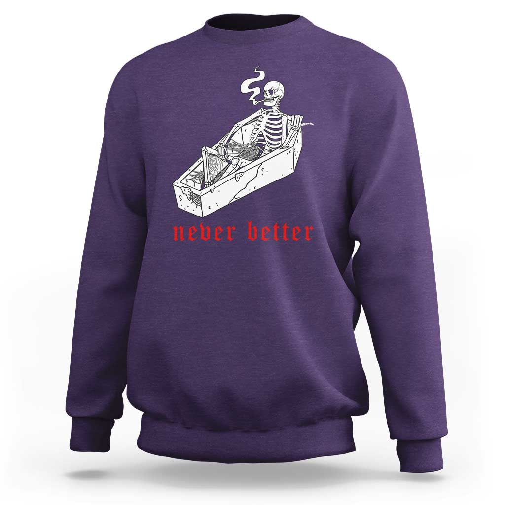 Funny Skeleton Sweatshirt Never Better Skull Coffin Smoke - Wonder Print Shop