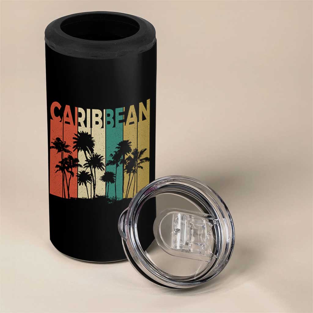 Funny Caribbean Vintage Palm Tree Sunset Summer Beach Vacation 4 in 1 Can Cooler Tumbler