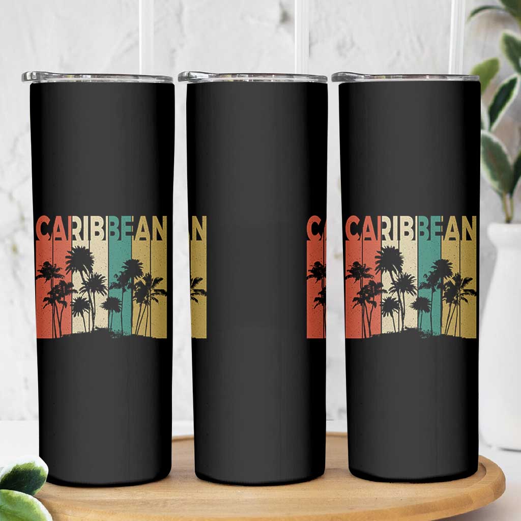 Funny Caribbean Vintage Palm Tree Sunset Summer Beach Vacation Skinny Tumbler