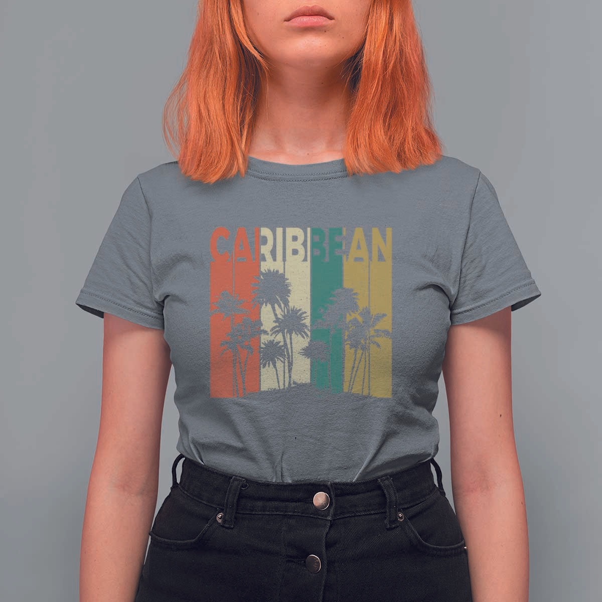 Funny Caribbean Vintage Palm Tree Sunset Summer Beach Vacation T Shirt For Women