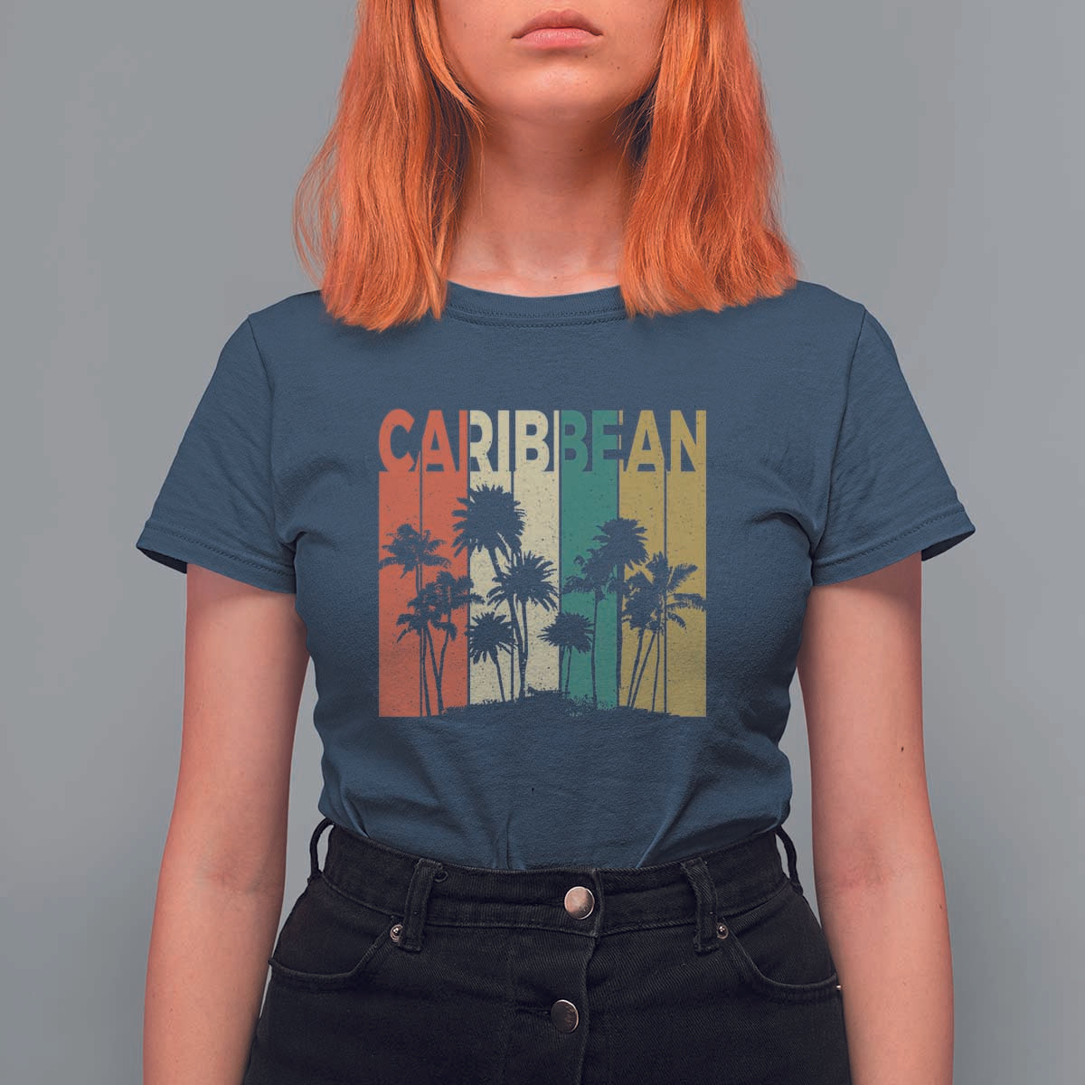 Funny Caribbean Vintage Palm Tree Sunset Summer Beach Vacation T Shirt For Women