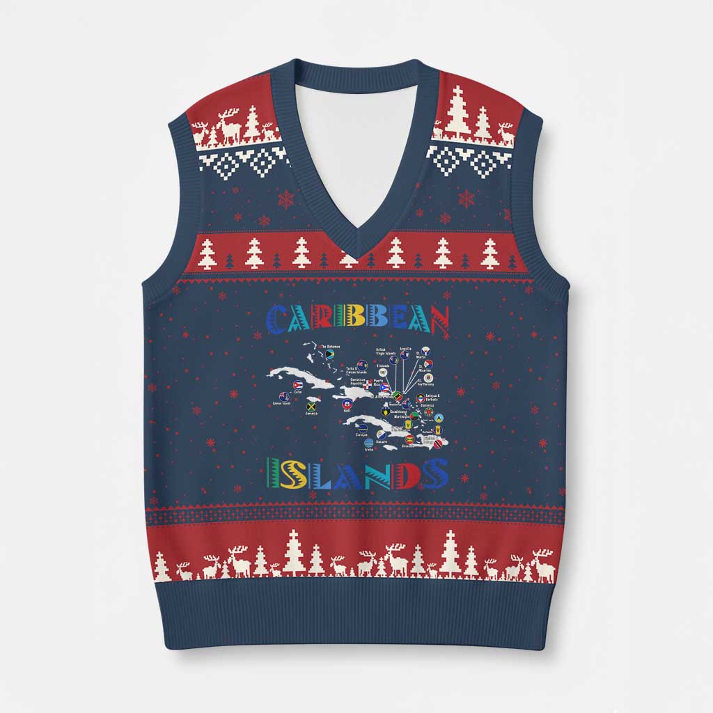 Caribbean Islands V-Neck Knit Sweater Vest Caribbean Sea Tour Map Flag - Wonder Print Shop