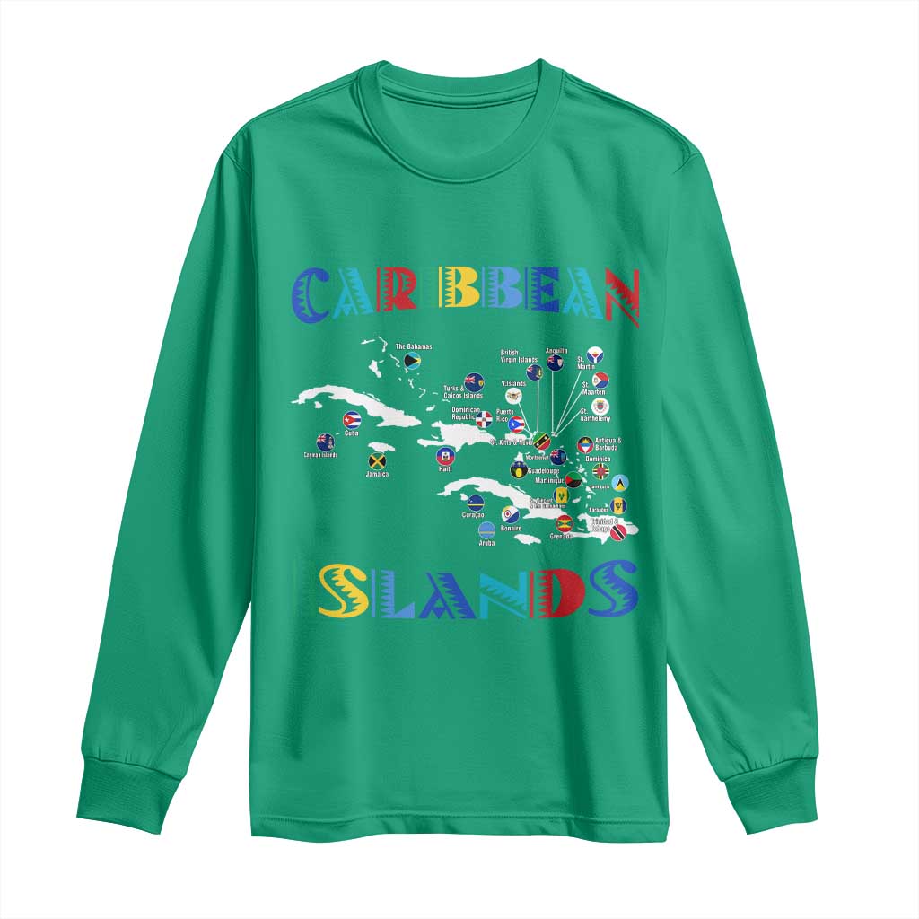Caribbean Islands Long Sleeve Shirt Caribbean Sea Tour Map Flag - Wonder Print Shop
