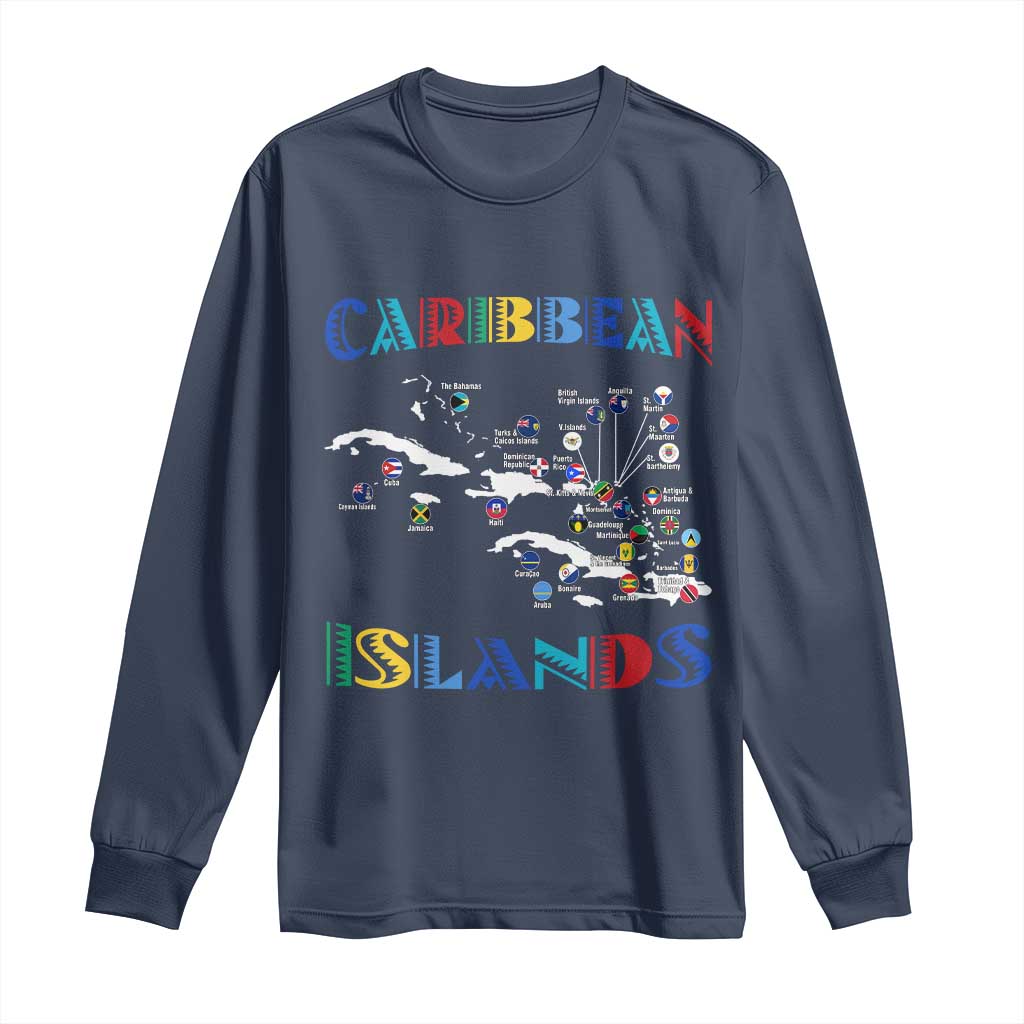 Caribbean Islands Long Sleeve Shirt Caribbean Sea Tour Map Flag - Wonder Print Shop