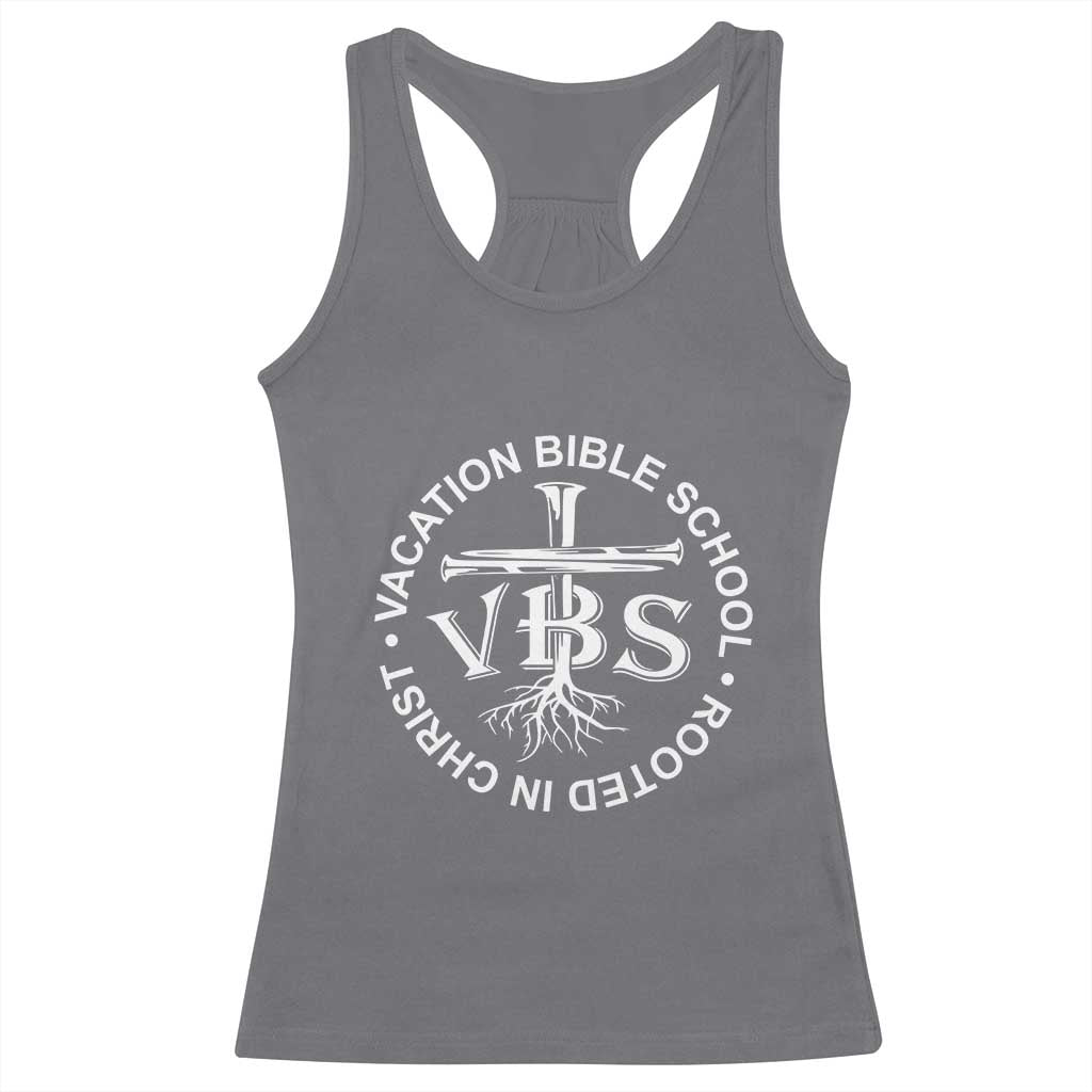 Funny VBS Vacation Bible School Rooted In Christ Racerback Tank Top