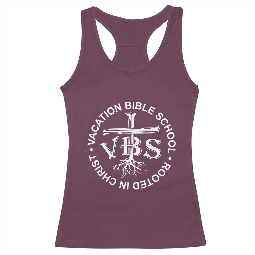 Funny VBS Vacation Bible School Rooted In Christ Racerback Tank Top