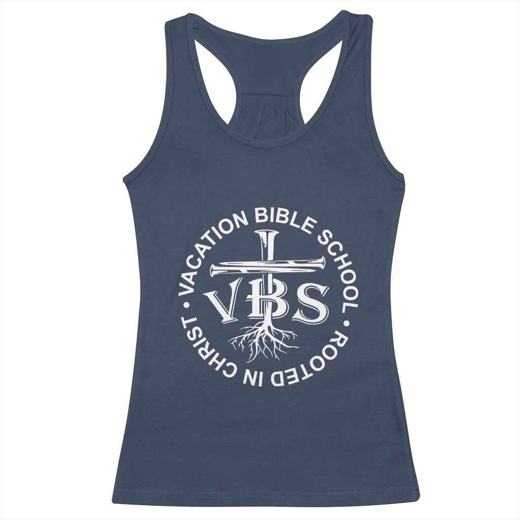 Funny VBS Vacation Bible School Rooted In Christ Racerback Tank Top