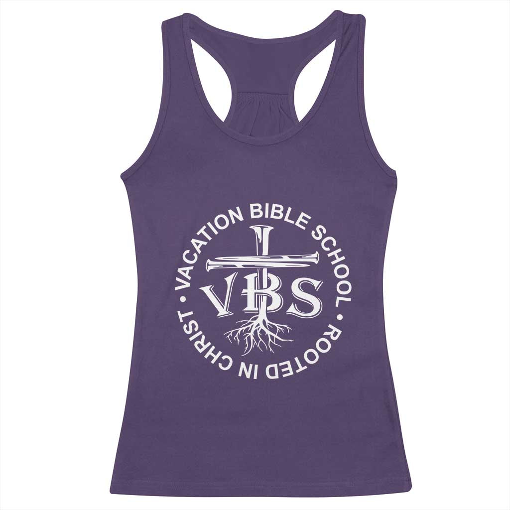 Funny VBS Vacation Bible School Rooted In Christ Racerback Tank Top