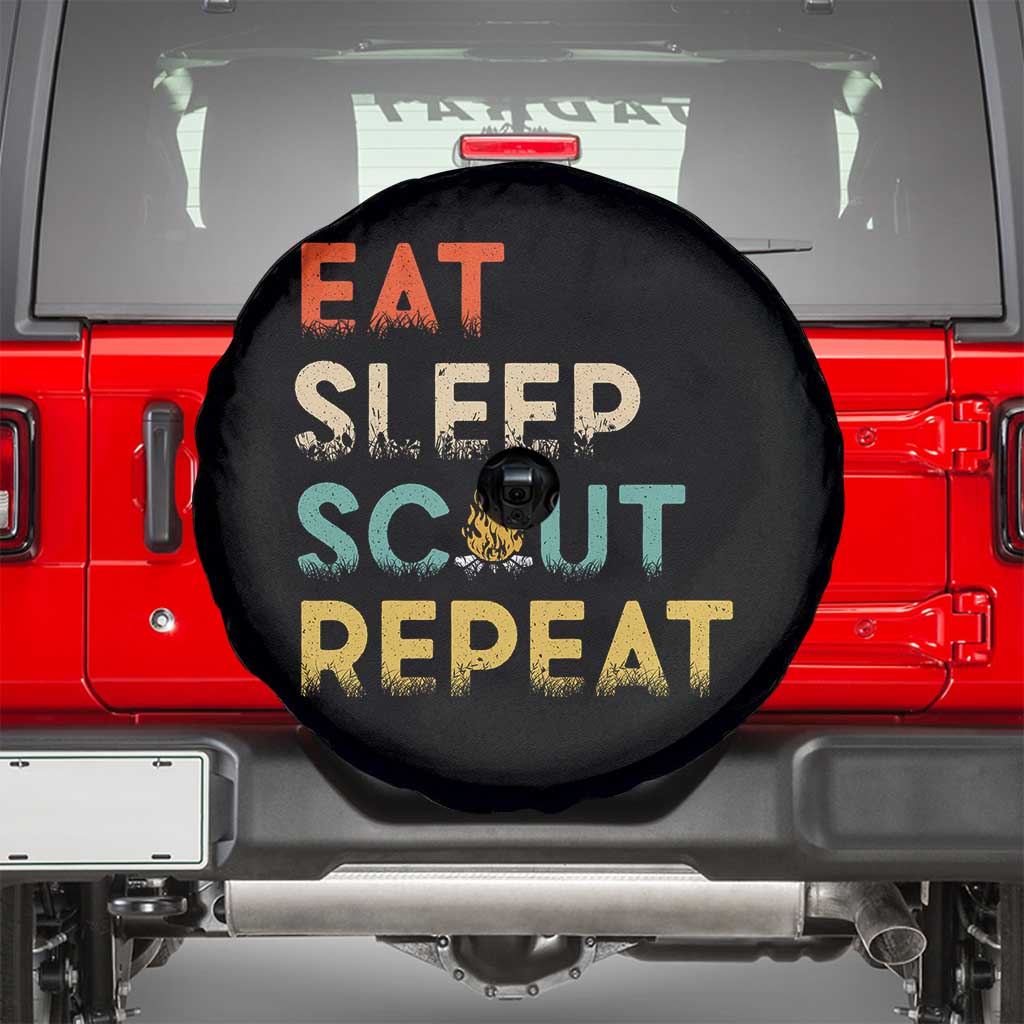 Funny Eat Sleep Scout Repeat Spare Tire Cover Scouting Outdoor Camping Nature Campfire