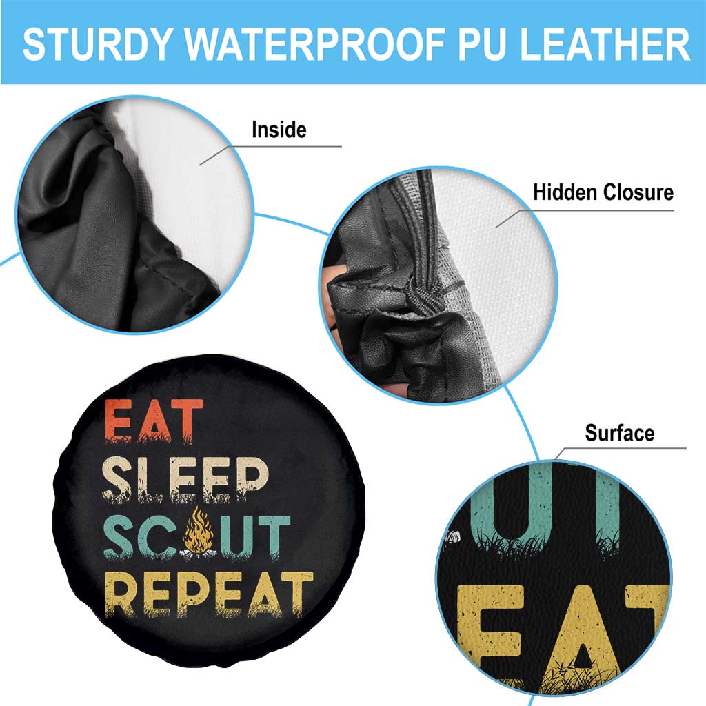 Funny Eat Sleep Scout Repeat Spare Tire Cover Scouting Outdoor Camping Nature Campfire