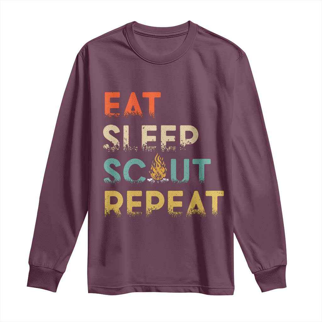 Funny Eat Sleep Scout Repeat Long Sleeve Shirt Scouting Outdoor Camping Nature Campfire