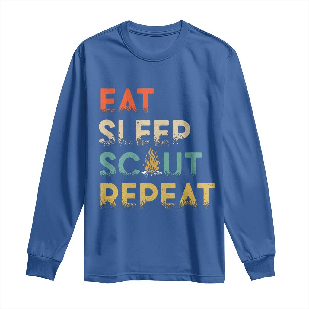 Funny Eat Sleep Scout Repeat Long Sleeve Shirt Scouting Outdoor Camping Nature Campfire