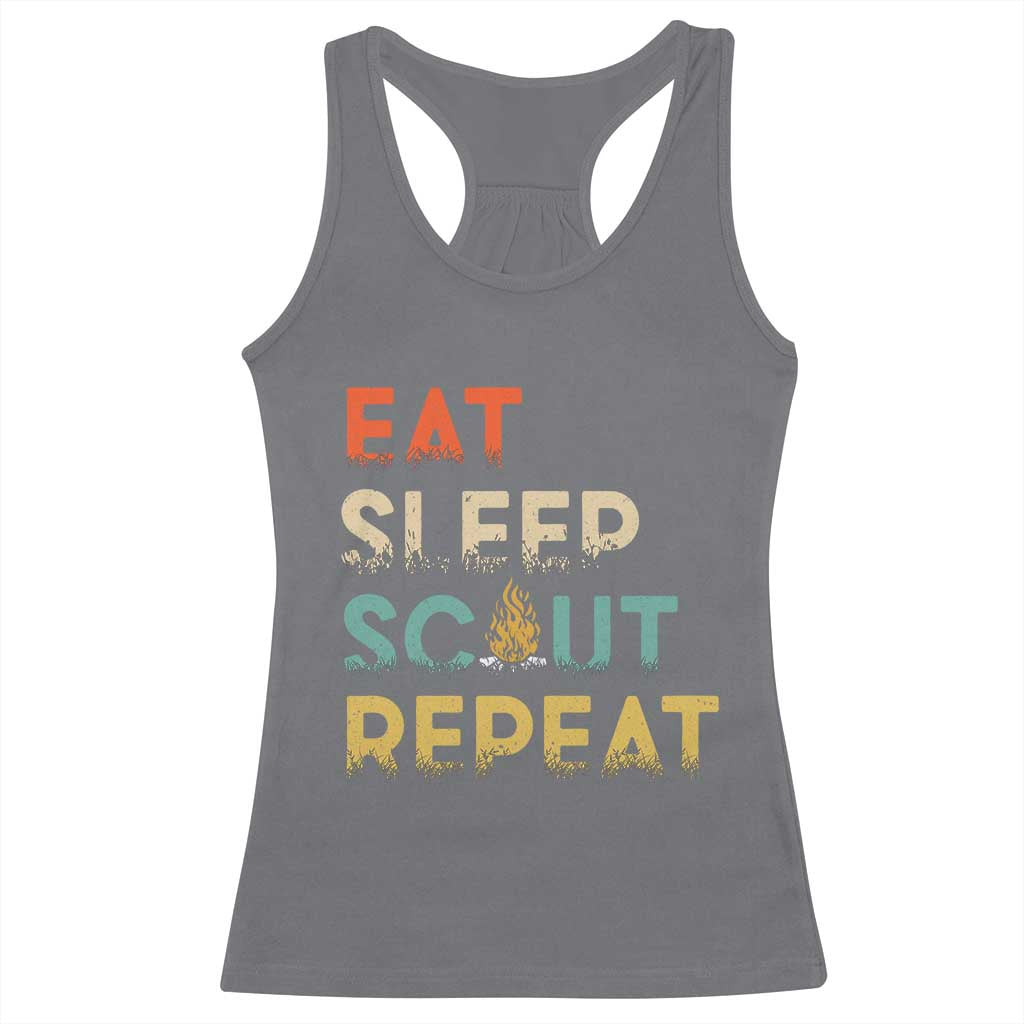 Funny Eat Sleep Scout Repeat Racerback Tank Top Scouting Outdoor Camping Nature Campfire