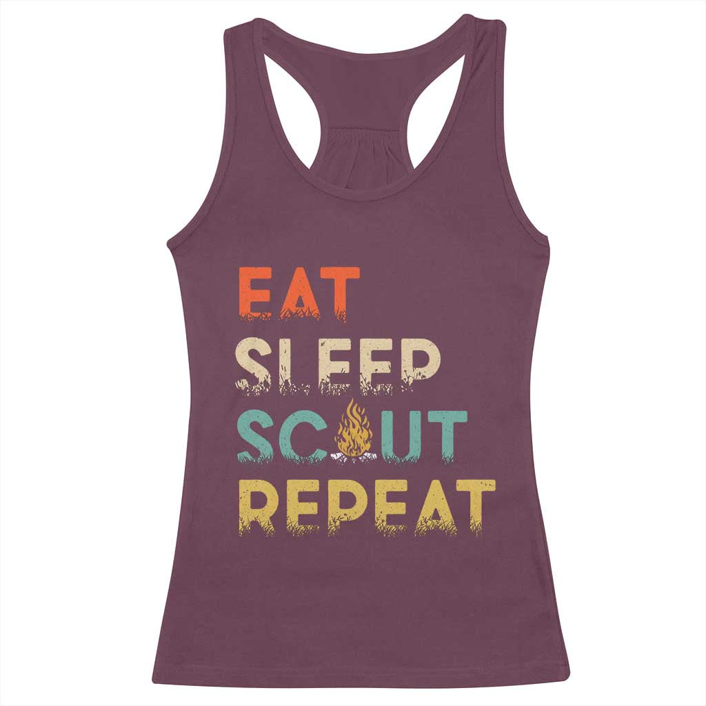Funny Eat Sleep Scout Repeat Racerback Tank Top Scouting Outdoor Camping Nature Campfire