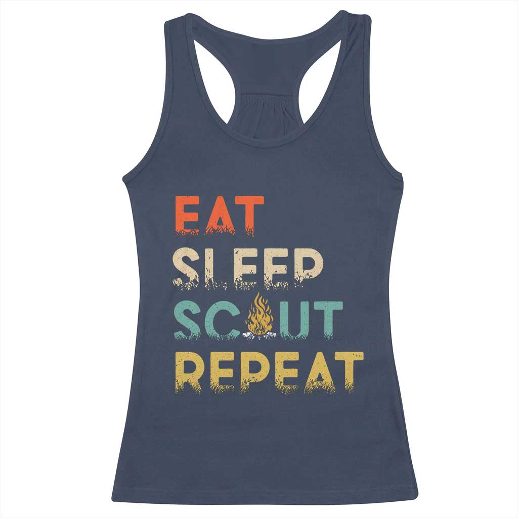 Funny Eat Sleep Scout Repeat Racerback Tank Top Scouting Outdoor Camping Nature Campfire