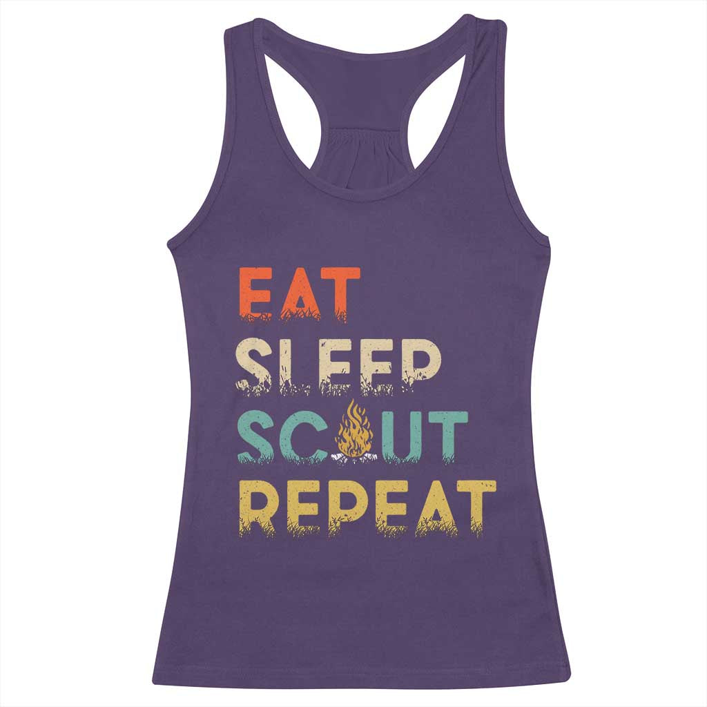 Funny Eat Sleep Scout Repeat Racerback Tank Top Scouting Outdoor Camping Nature Campfire