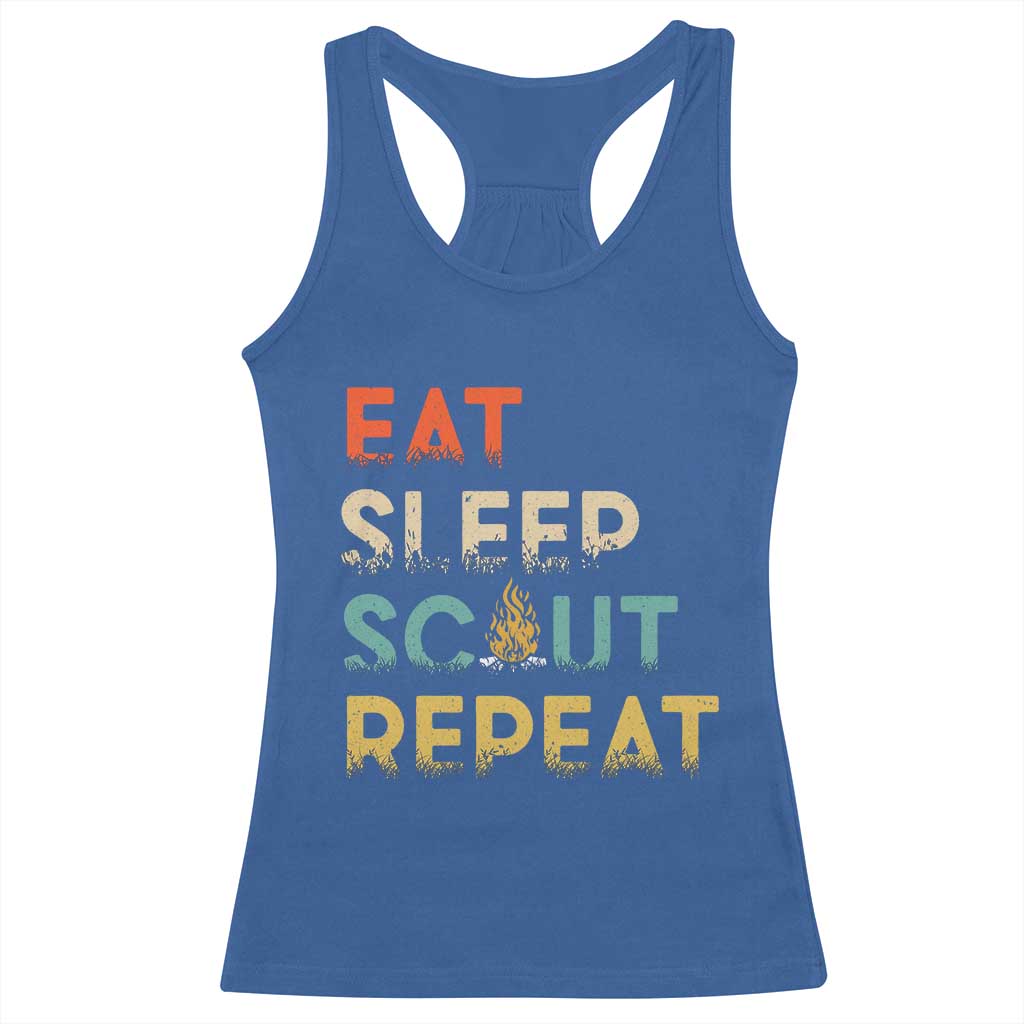 Funny Eat Sleep Scout Repeat Racerback Tank Top Scouting Outdoor Camping Nature Campfire