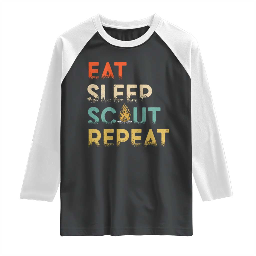 Funny Eat Sleep Scout Repeat Raglan Shirt Scouting Outdoor Camping Nature Campfire