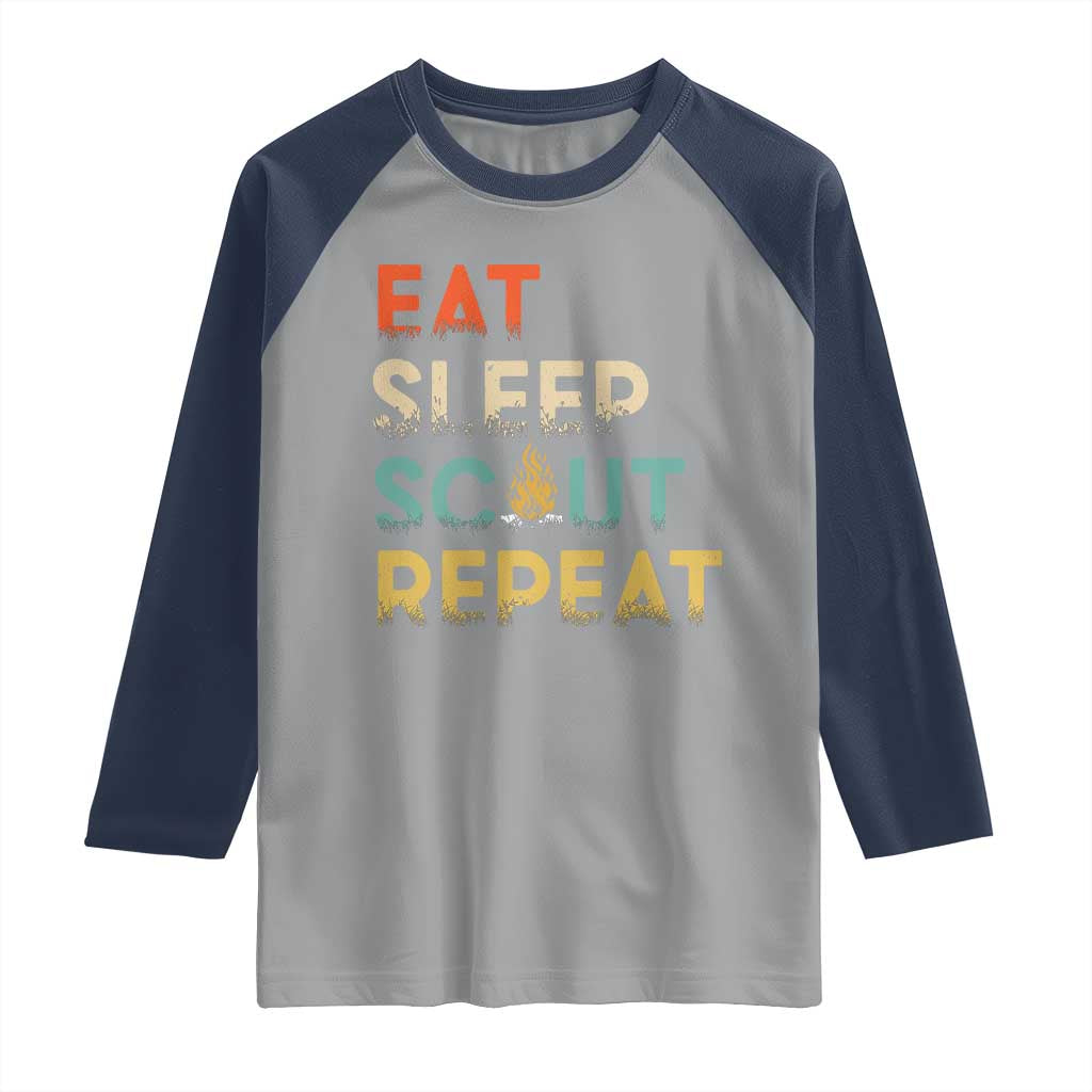 Funny Eat Sleep Scout Repeat Raglan Shirt Scouting Outdoor Camping Nature Campfire