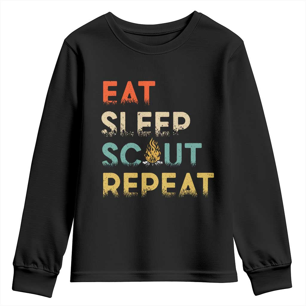 Funny Eat Sleep Scout Repeat Youth Sweatshirt Scouting Outdoor Camping Nature Campfire