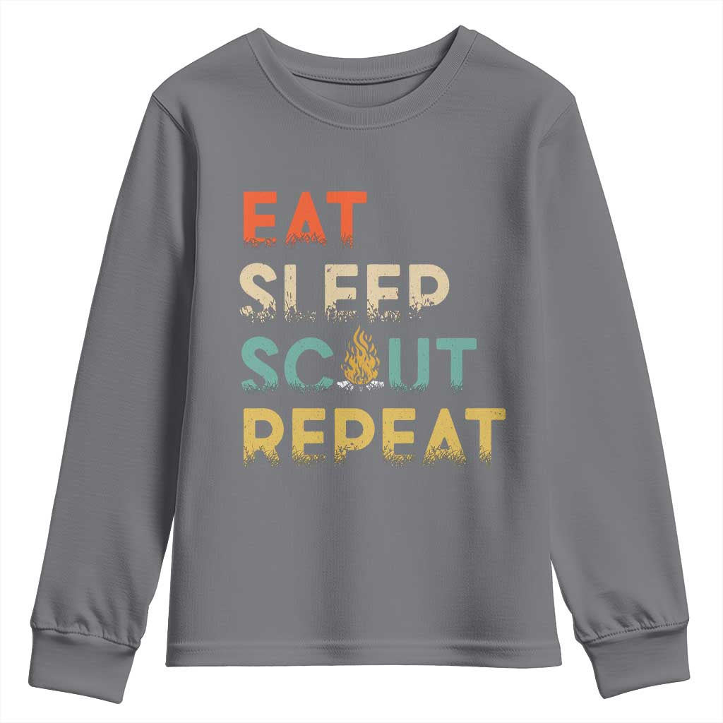Funny Eat Sleep Scout Repeat Youth Sweatshirt Scouting Outdoor Camping Nature Campfire