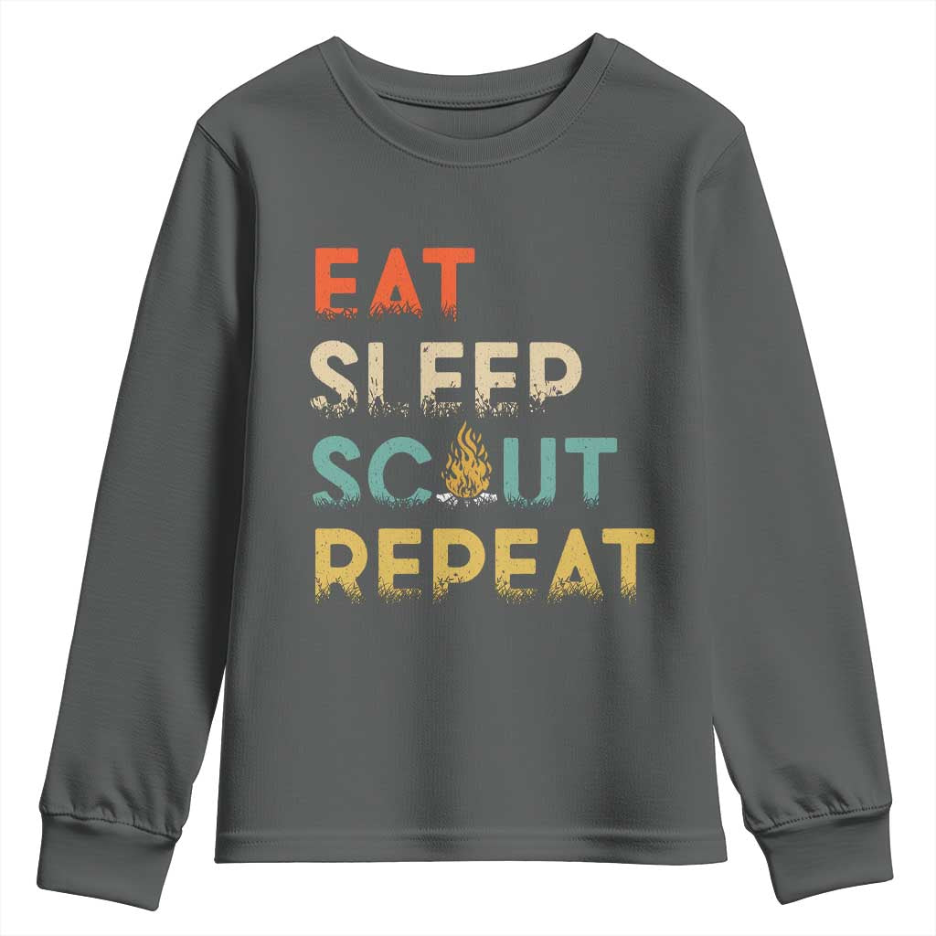 Funny Eat Sleep Scout Repeat Youth Sweatshirt Scouting Outdoor Camping Nature Campfire