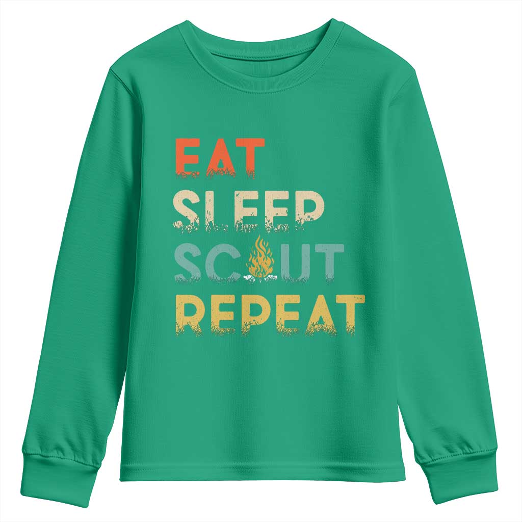 Funny Eat Sleep Scout Repeat Youth Sweatshirt Scouting Outdoor Camping Nature Campfire
