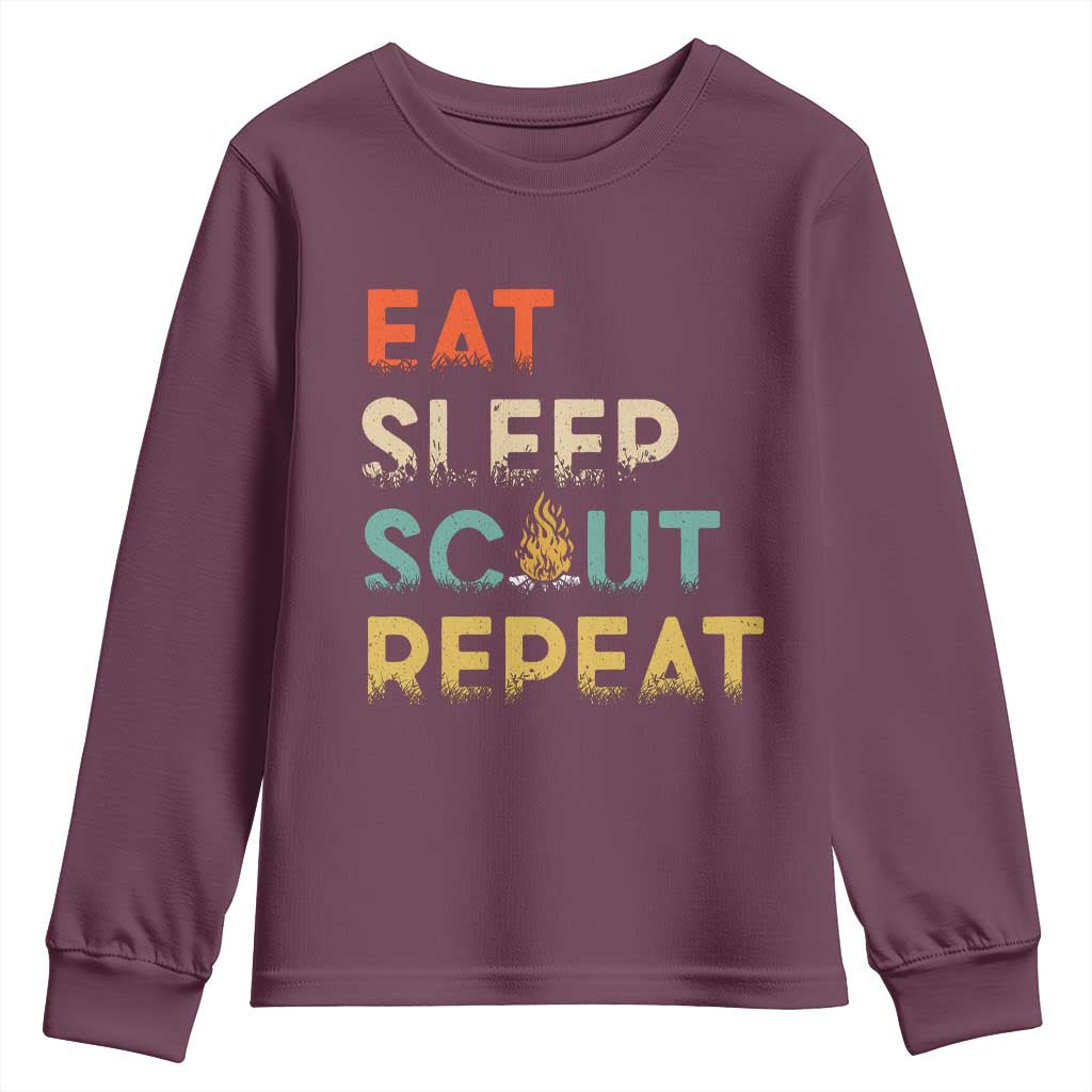 Funny Eat Sleep Scout Repeat Youth Sweatshirt Scouting Outdoor Camping Nature Campfire