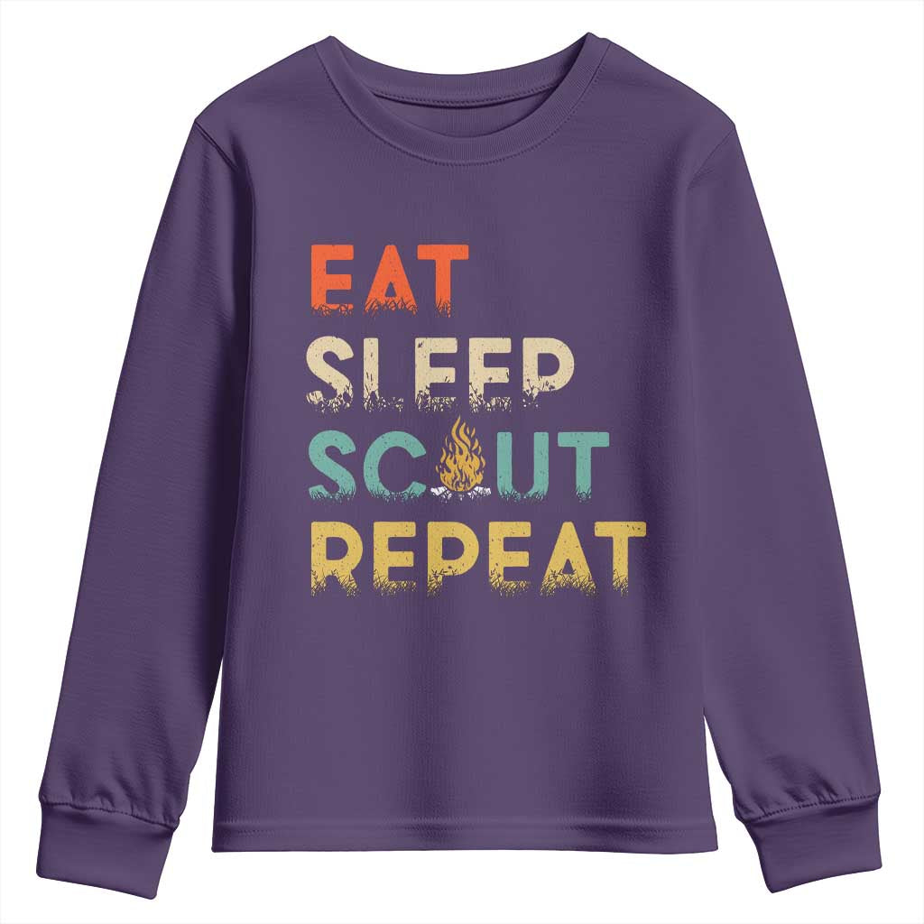Funny Eat Sleep Scout Repeat Youth Sweatshirt Scouting Outdoor Camping Nature Campfire