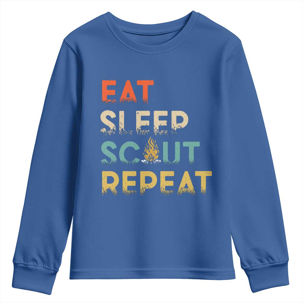 Funny Eat Sleep Scout Repeat Youth Sweatshirt Scouting Outdoor Camping Nature Campfire
