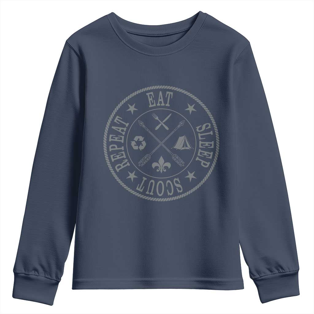 Funny Eat Sleep Scout Repeat Youth Sweatshirt Scouting Outdoor Camping Nature