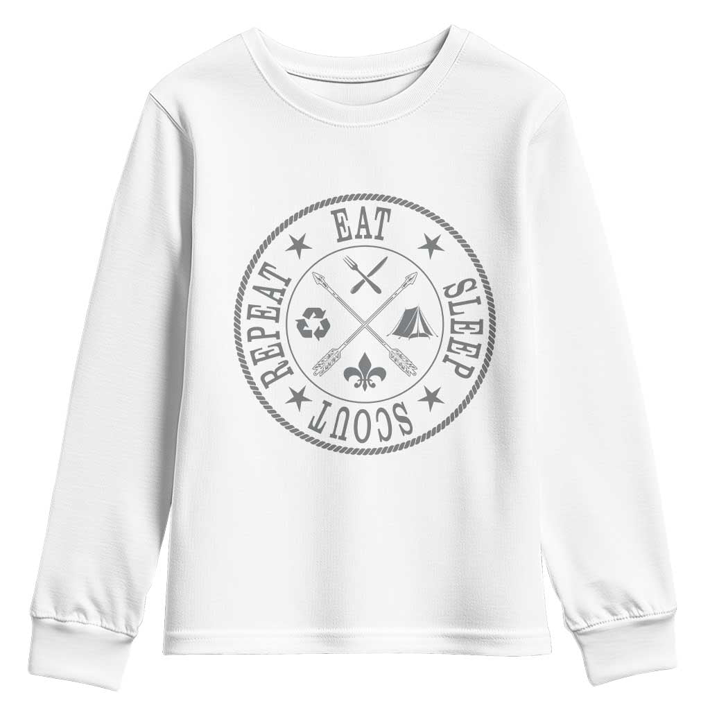 Funny Eat Sleep Scout Repeat Youth Sweatshirt Scouting Outdoor Camping Nature
