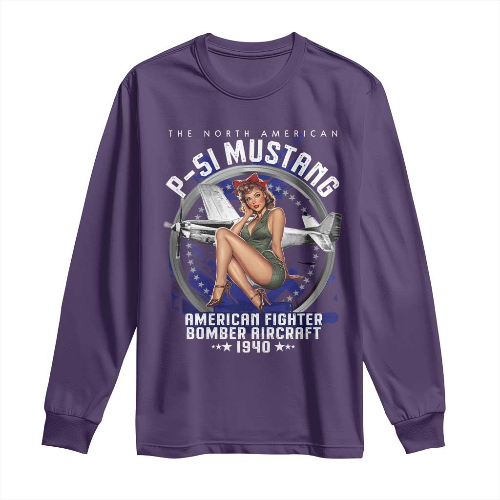 The North American P 51 Mustang American Fighter Bomber Aircraft Long Sleeve Shirt WW2 Aircraft Pin Up Girl