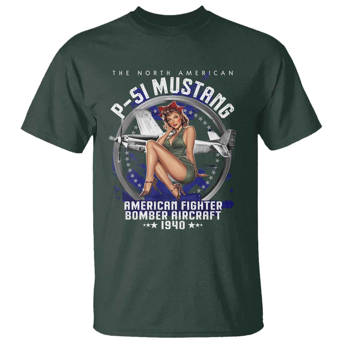The North American P 51 Mustang American Fighter Bomber Aircraft T Shirt WW2 Aircraft Pin Up Girl