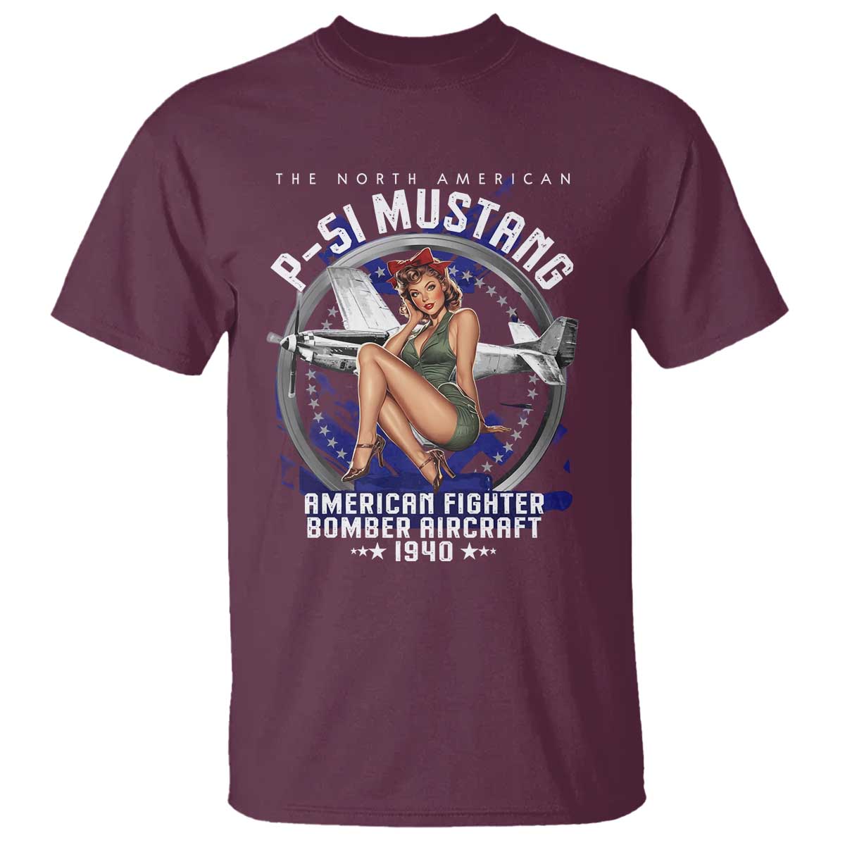 The North American P 51 Mustang American Fighter Bomber Aircraft T Shirt WW2 Aircraft Pin Up Girl
