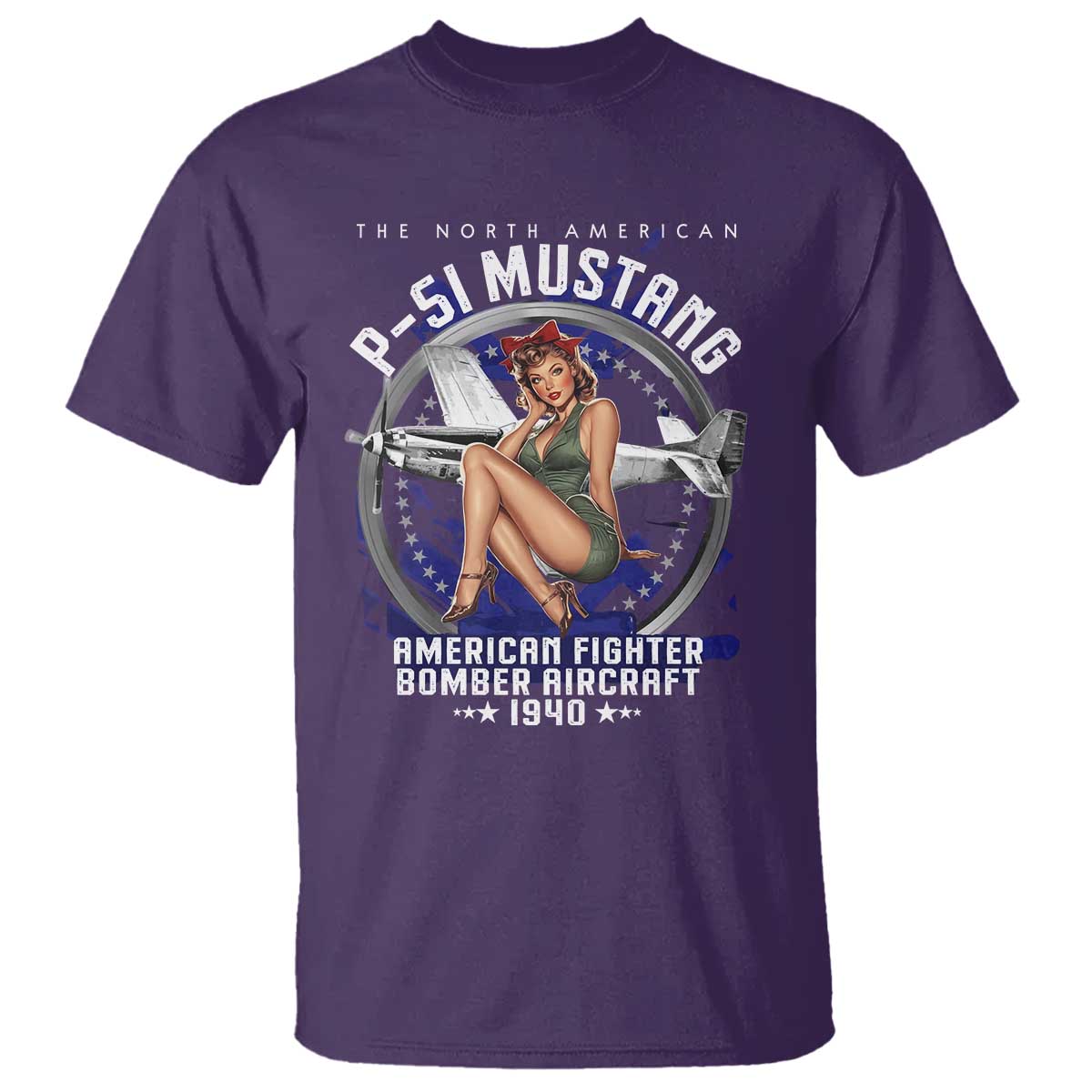 The North American P 51 Mustang American Fighter Bomber Aircraft T Shirt WW2 Aircraft Pin Up Girl