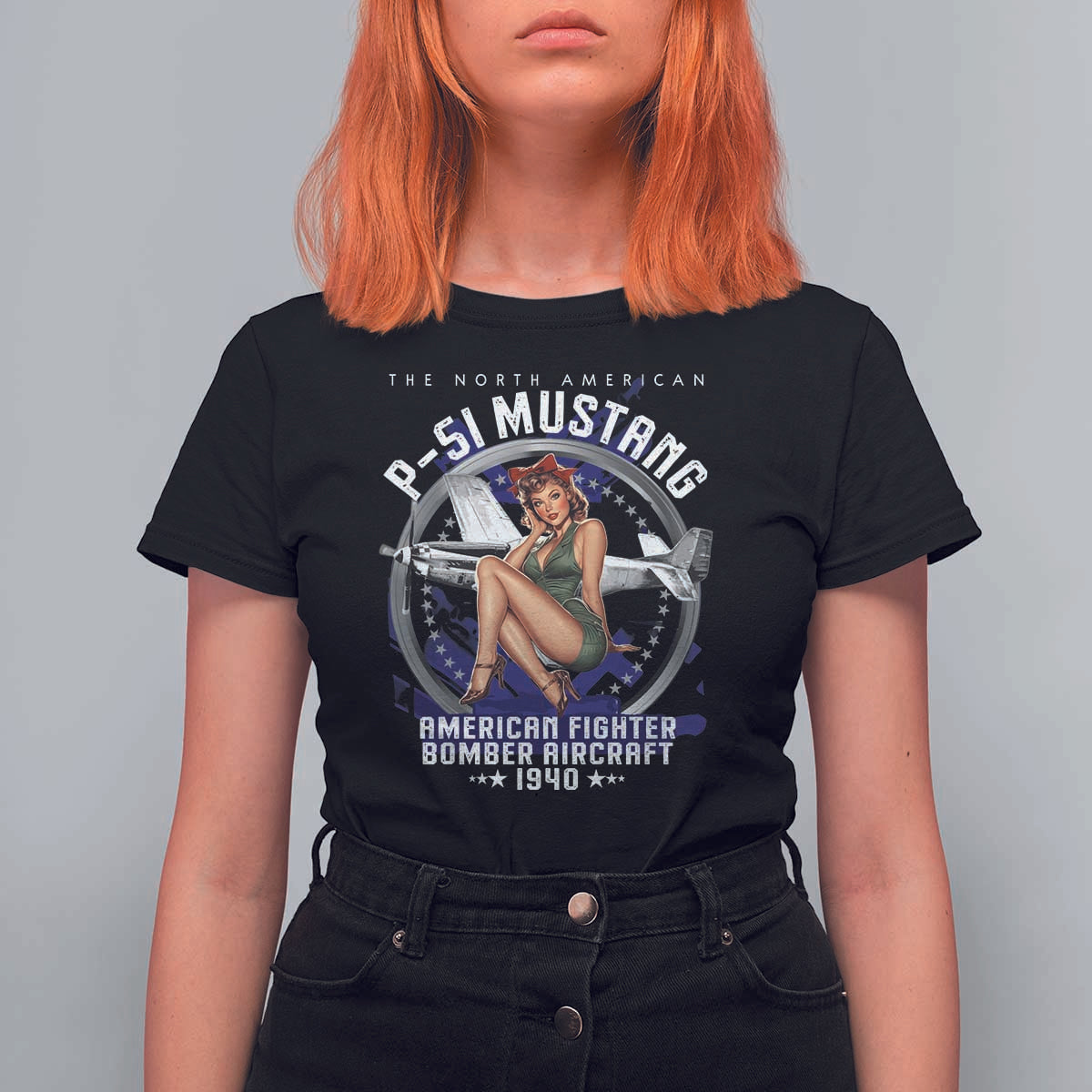 The North American P 51 Mustang American Fighter Bomber Aircraft T Shirt For Women WW2 Aircraft Pin Up Girl