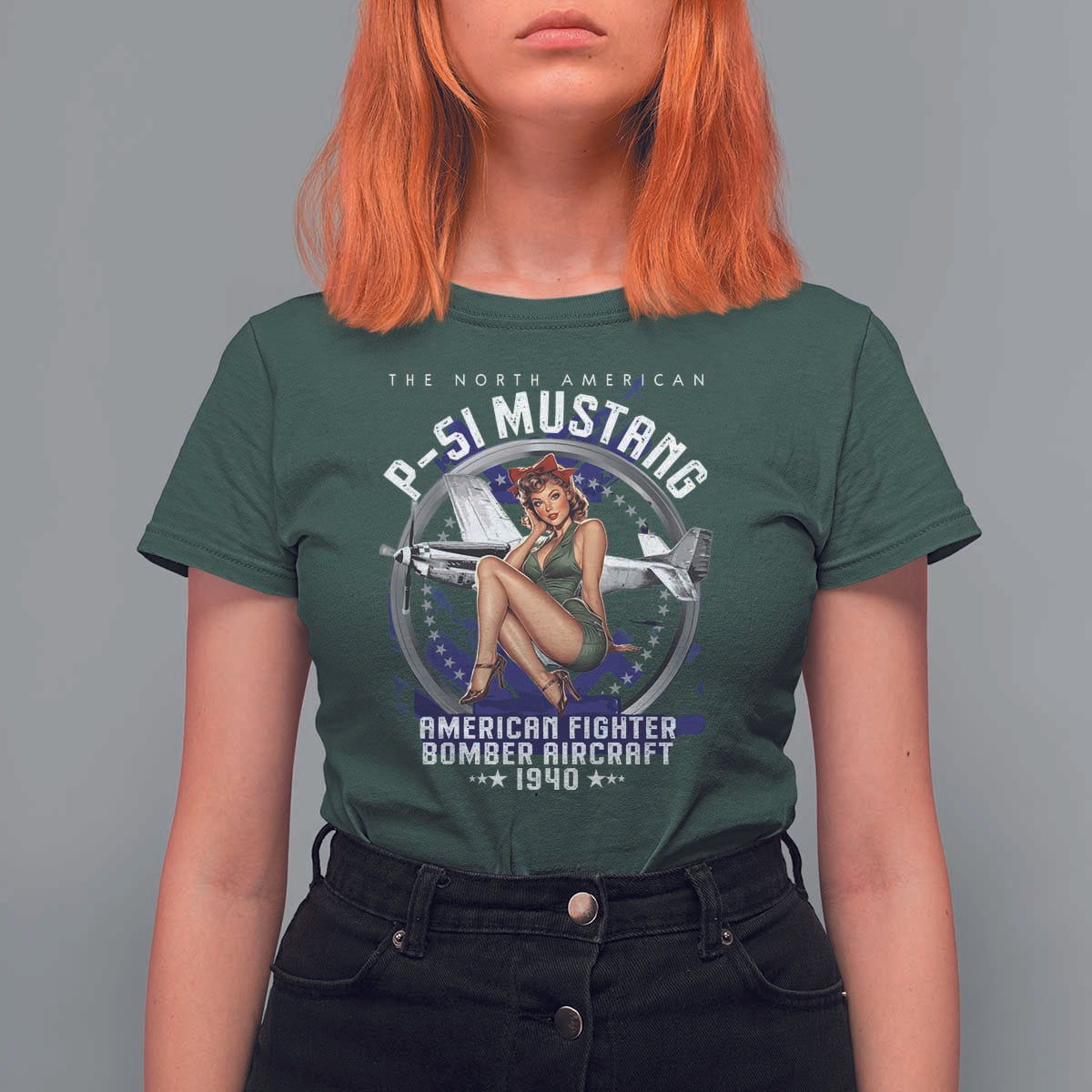 The North American P 51 Mustang American Fighter Bomber Aircraft T Shirt For Women WW2 Aircraft Pin Up Girl