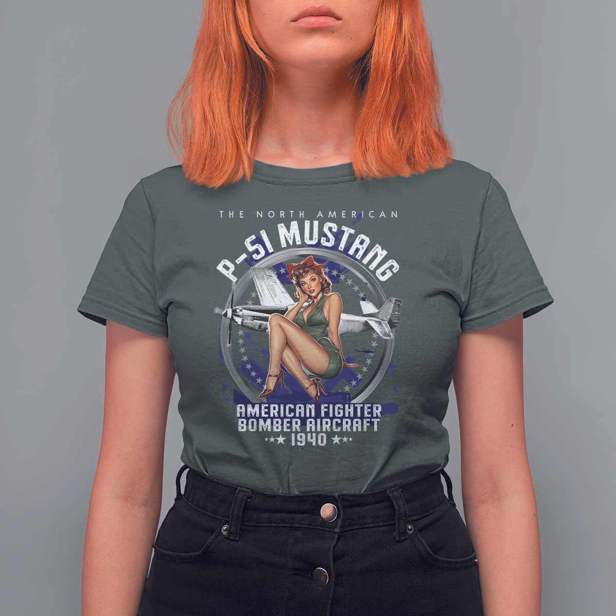 The North American P 51 Mustang American Fighter Bomber Aircraft T Shirt For Women WW2 Aircraft Pin Up Girl