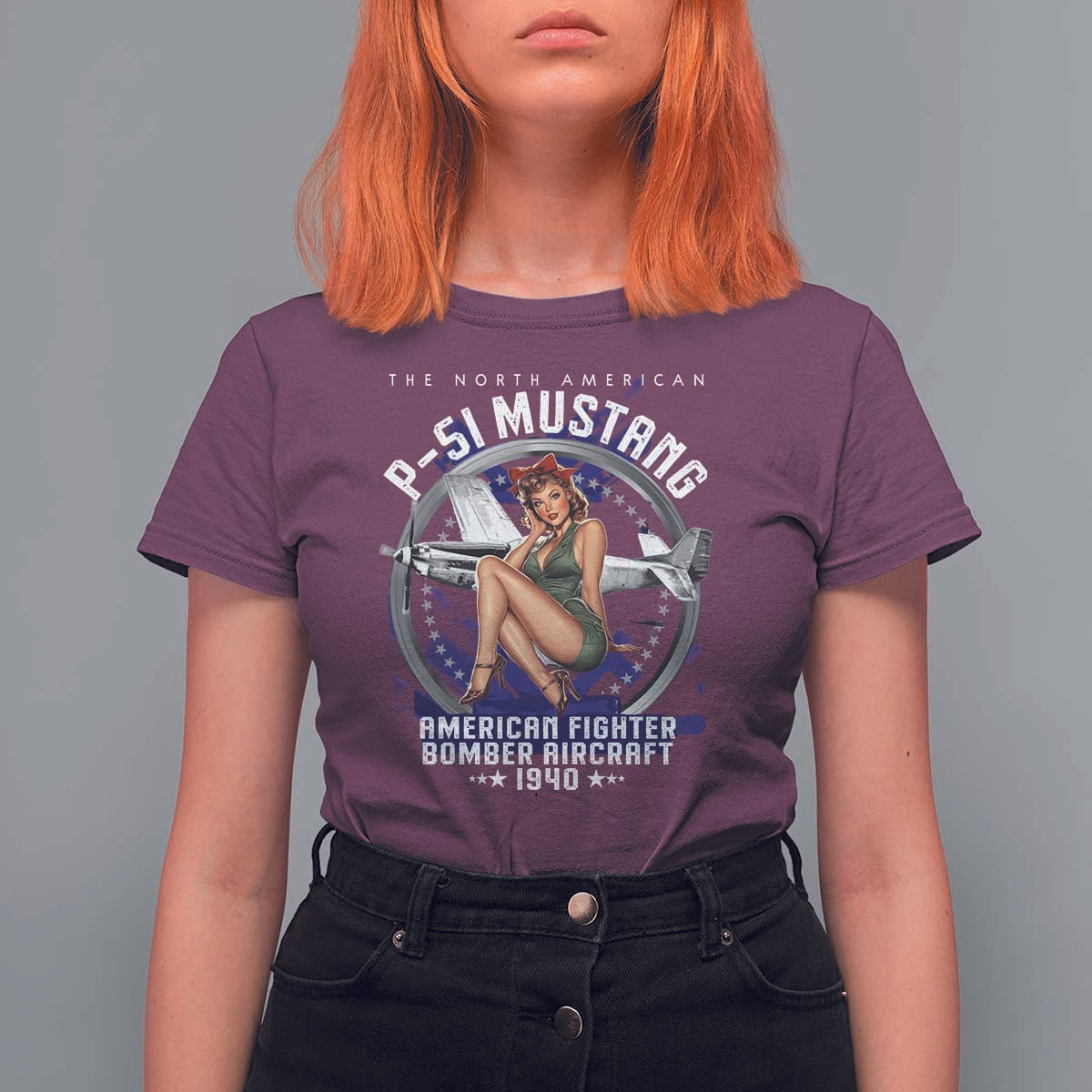 The North American P 51 Mustang American Fighter Bomber Aircraft T Shirt For Women WW2 Aircraft Pin Up Girl