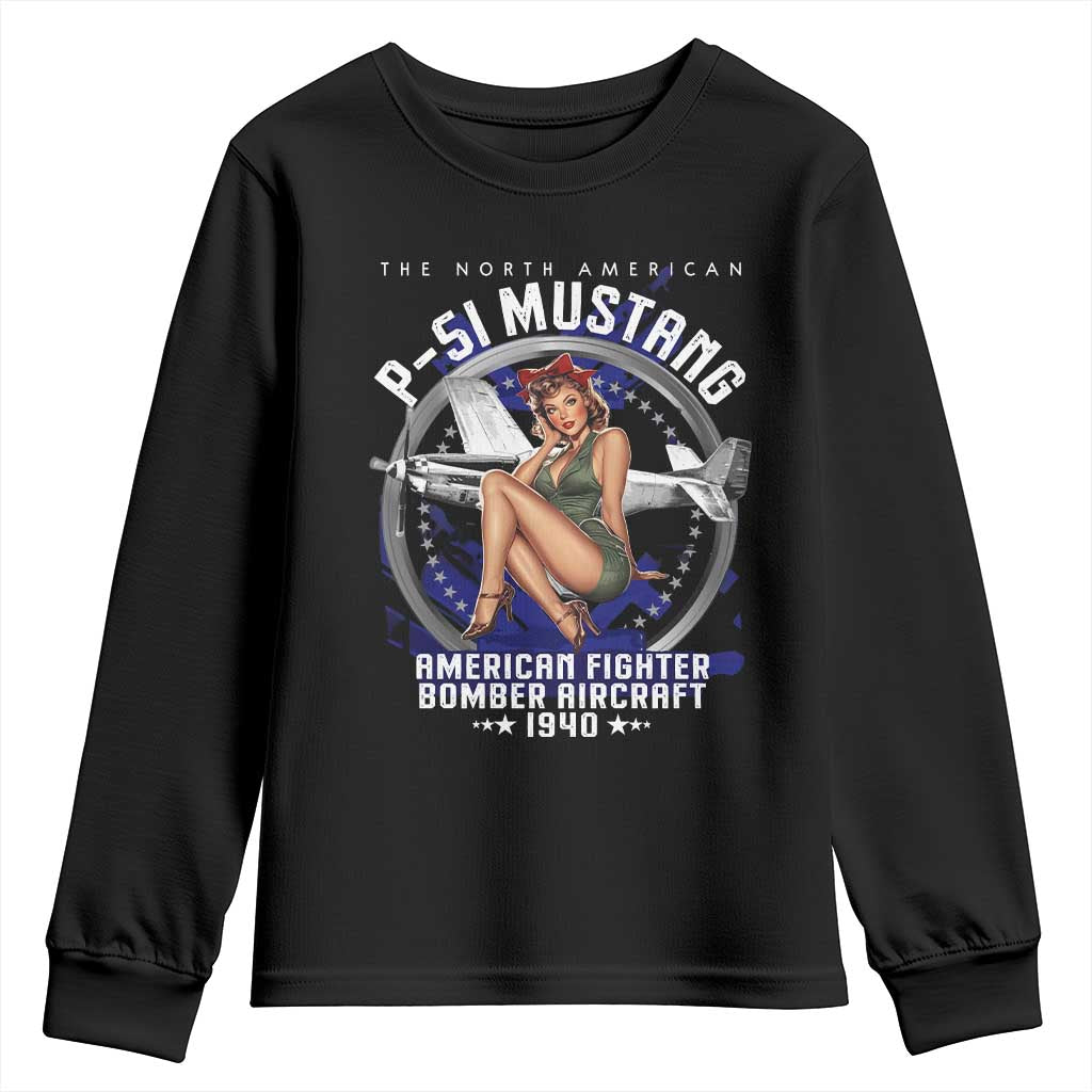 The North American P 51 Mustang American Fighter Bomber Aircraft Youth Sweatshirt WW2 Aircraft Pin Up Girl