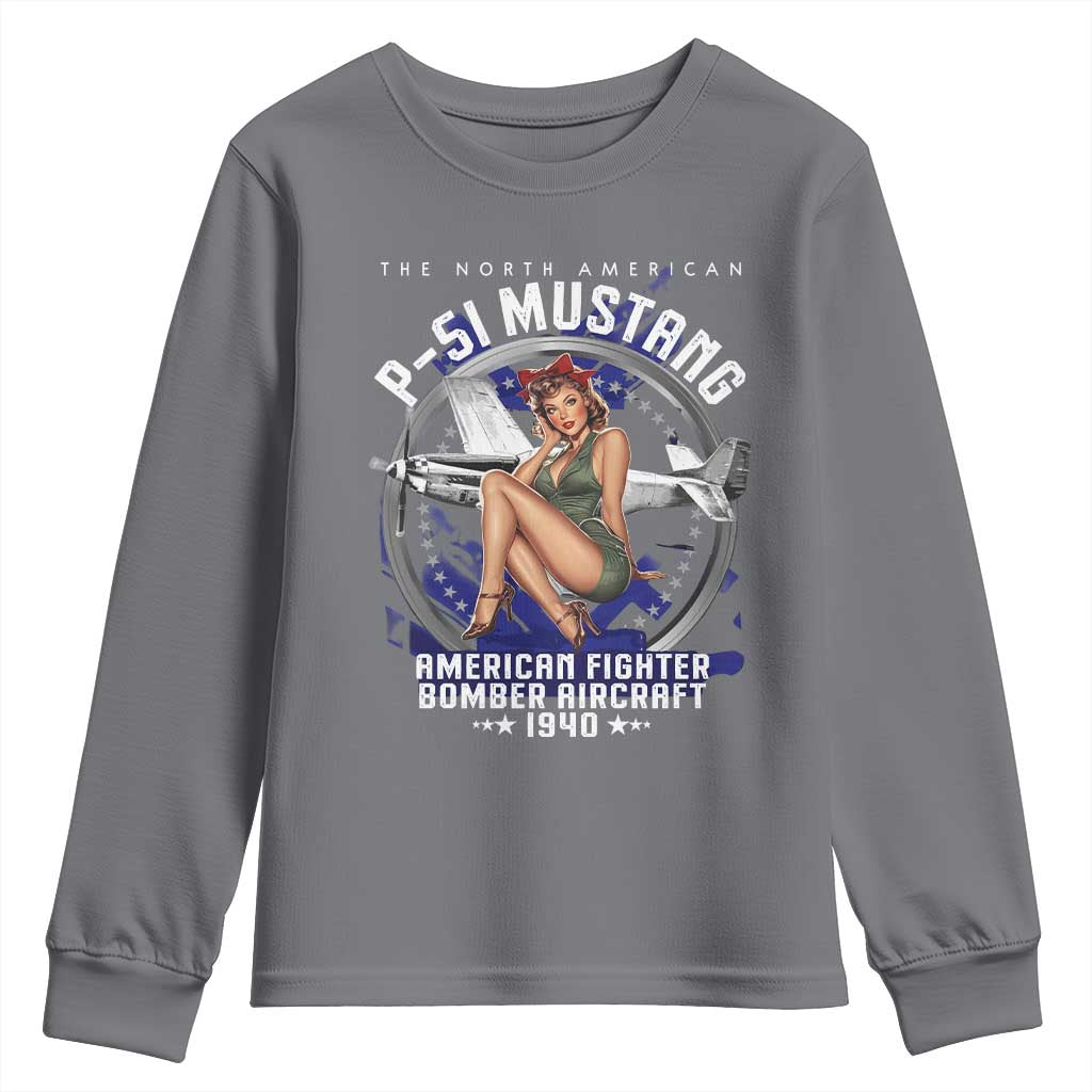 The North American P 51 Mustang American Fighter Bomber Aircraft Youth Sweatshirt WW2 Aircraft Pin Up Girl