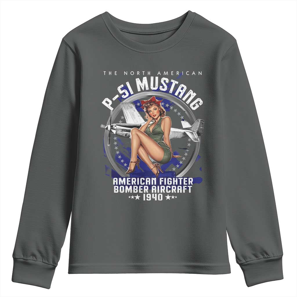 The North American P 51 Mustang American Fighter Bomber Aircraft Youth Sweatshirt WW2 Aircraft Pin Up Girl
