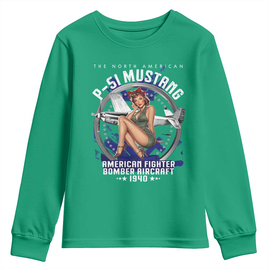 The North American P 51 Mustang American Fighter Bomber Aircraft Youth Sweatshirt WW2 Aircraft Pin Up Girl
