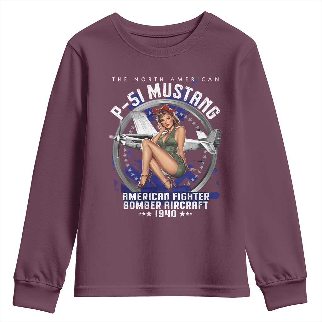 The North American P 51 Mustang American Fighter Bomber Aircraft Youth Sweatshirt WW2 Aircraft Pin Up Girl
