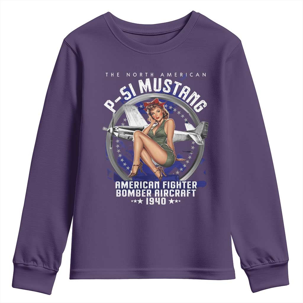 The North American P 51 Mustang American Fighter Bomber Aircraft Youth Sweatshirt WW2 Aircraft Pin Up Girl